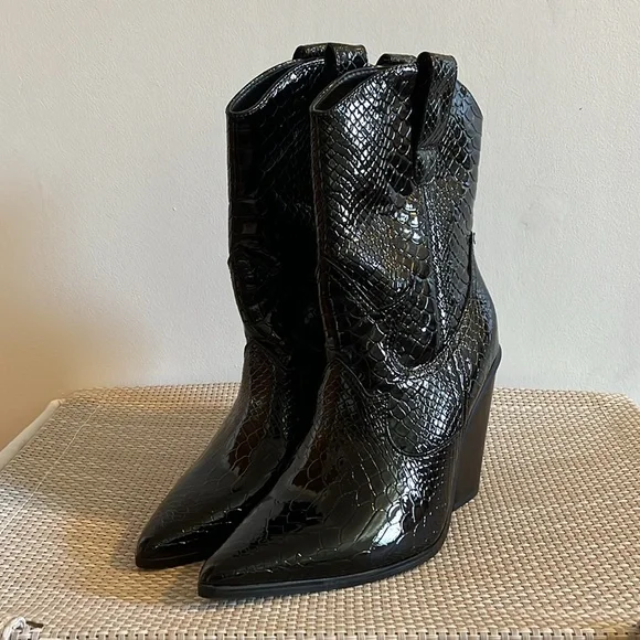 Snakeskin Patent Leather Cowgirl Western Biker Calf Height Cowboy Boots - 7.5/38 - Picture 11 of 12